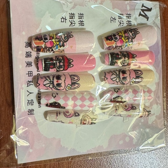 Cute Press On Nails Cartoon Bunny Bear Pink Aesthetic Medium Size - Picture 1 of 1
